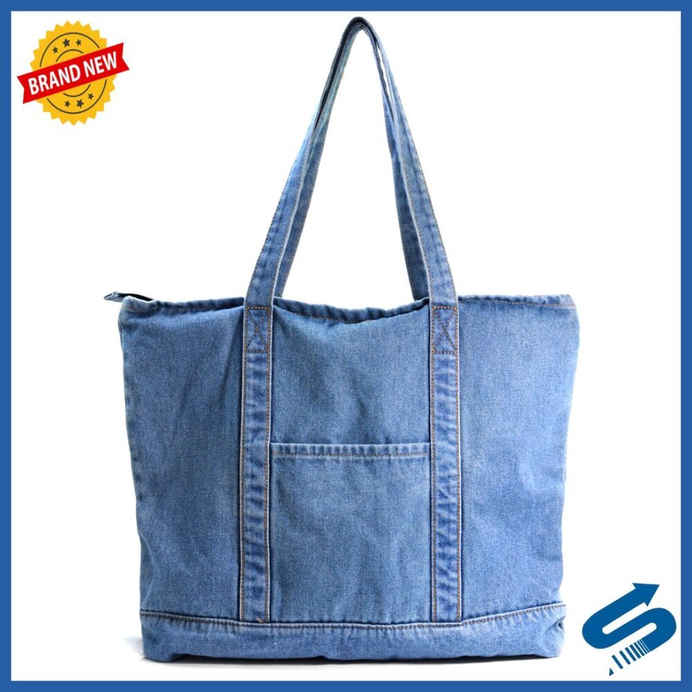 Lightweight Denim Tote Bag, Fits 15" Laptop, Large Capacity Shopper